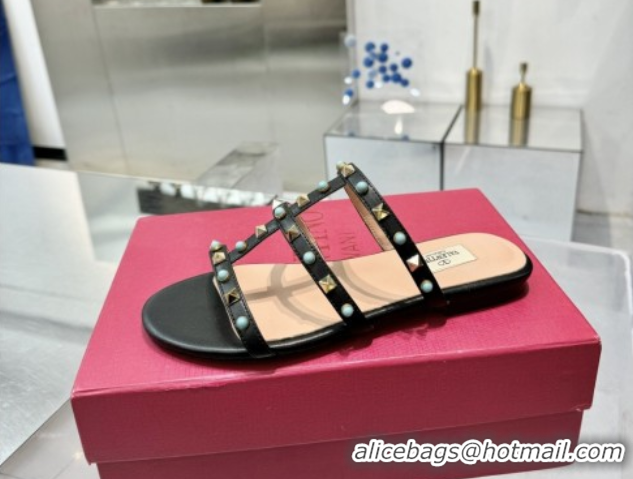 Grade Quality Valentino Rockstud Flat Slides Sandal in Calfskin with Stones Black 2025 VLTN042803