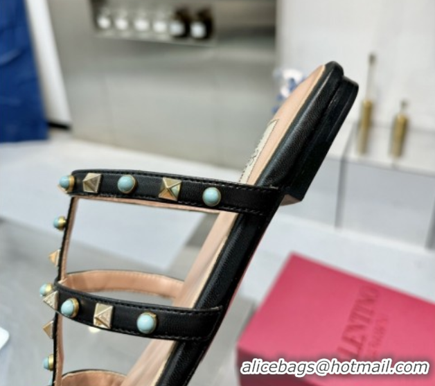 Grade Quality Valentino Rockstud Flat Slides Sandal in Calfskin with Stones Black 2025 VLTN042803
