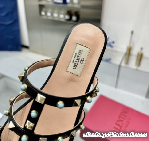 Grade Quality Valentino Rockstud Flat Slides Sandal in Calfskin with Stones Black 2025 VLTN042803