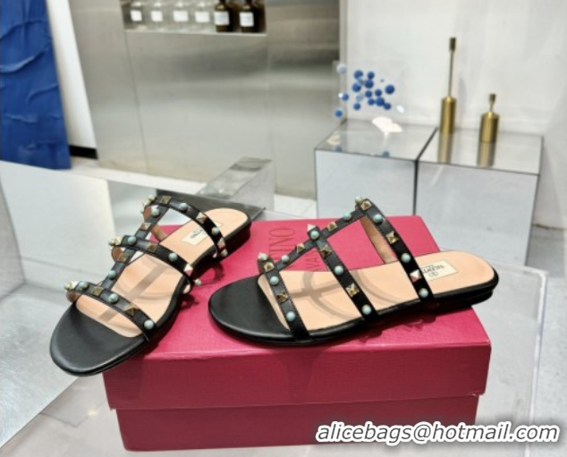 Grade Quality Valentino Rockstud Flat Slides Sandal in Calfskin with Stones Black 2025 VLTN042803