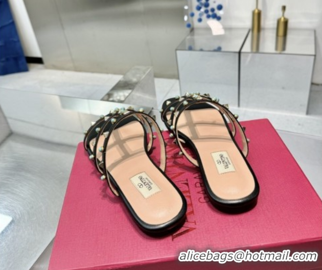 Grade Quality Valentino Rockstud Flat Slides Sandal in Calfskin with Stones Black 2025 VLTN042803