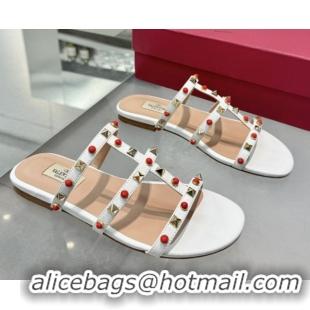 Most Popular Valentino Rockstud Flat Slides Sandal in Calfskin with Stones Optic White 2025 VLTN042803
