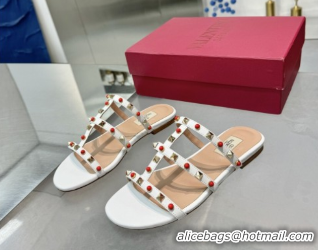 Most Popular Valentino Rockstud Flat Slides Sandal in Calfskin with Stones Optic White 2025 VLTN042803