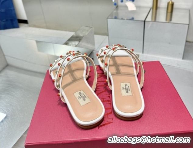 Most Popular Valentino Rockstud Flat Slides Sandal in Calfskin with Stones Optic White 2025 VLTN042803