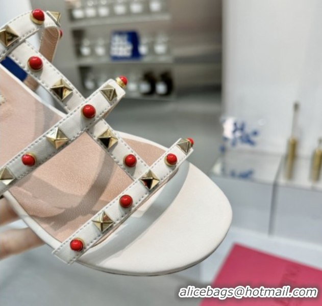 Most Popular Valentino Rockstud Flat Slides Sandal in Calfskin with Stones Optic White 2025 VLTN042803