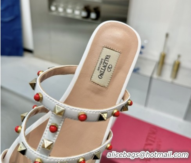 Most Popular Valentino Rockstud Flat Slides Sandal in Calfskin with Stones Optic White 2025 VLTN042803