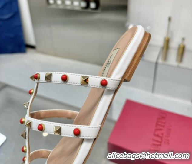 Most Popular Valentino Rockstud Flat Slides Sandal in Calfskin with Stones Optic White 2025 VLTN042803