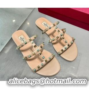Durable Valentino Rockstud Flat Slides Sandal in Calfskin with Stones Beige 2025 VLTN042803