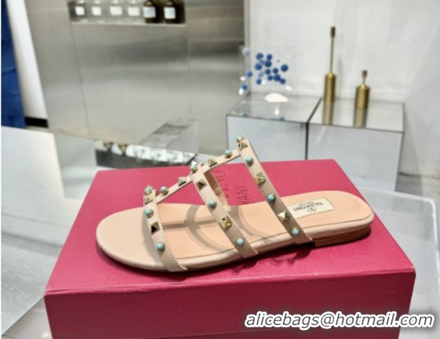 Durable Valentino Rockstud Flat Slides Sandal in Calfskin with Stones Beige 2025 VLTN042803