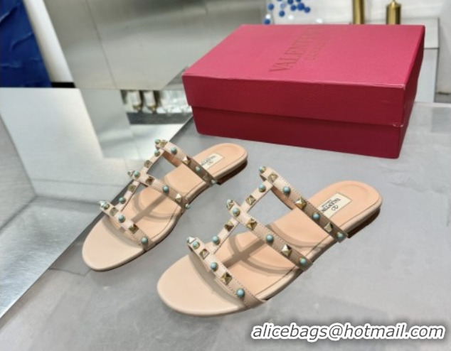 Durable Valentino Rockstud Flat Slides Sandal in Calfskin with Stones Beige 2025 VLTN042803