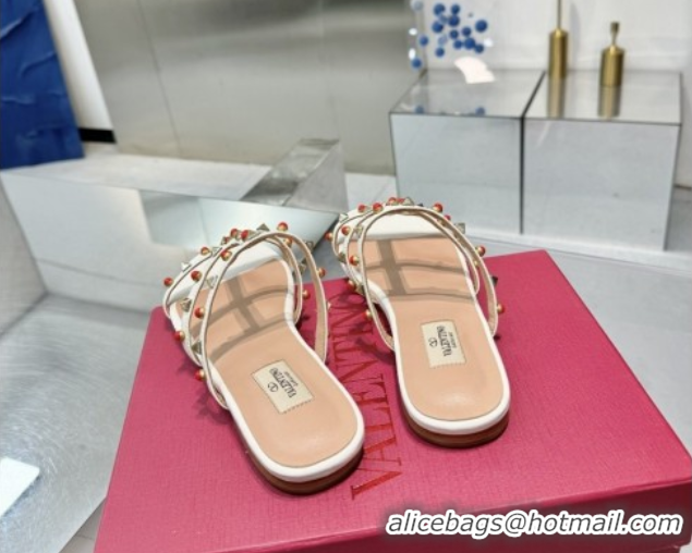 Durable Valentino Rockstud Flat Slides Sandal in Calfskin with Stones Beige 2025 VLTN042803