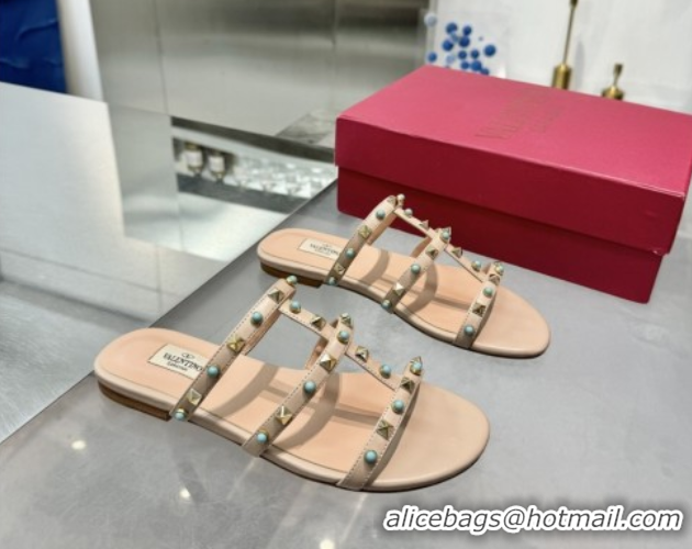 Durable Valentino Rockstud Flat Slides Sandal in Calfskin with Stones Beige 2025 VLTN042803