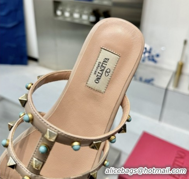 Durable Valentino Rockstud Flat Slides Sandal in Calfskin with Stones Beige 2025 VLTN042803
