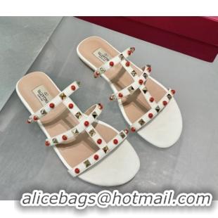 Unique Style Valentino Rockstud Flat Slides Sandal in Calfskin with Stones Ivory White 2025 VLTN042803