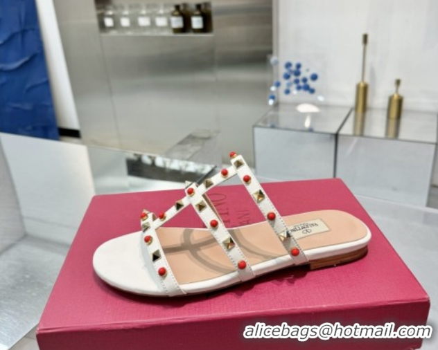 Unique Style Valentino Rockstud Flat Slides Sandal in Calfskin with Stones Ivory White 2025 VLTN042803