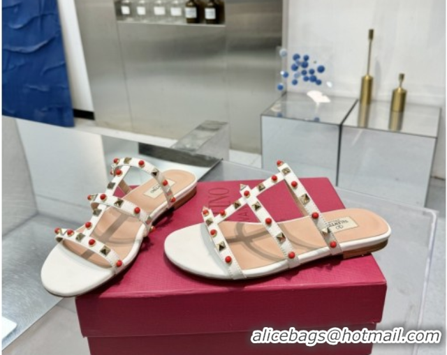 Unique Style Valentino Rockstud Flat Slides Sandal in Calfskin with Stones Ivory White 2025 VLTN042803