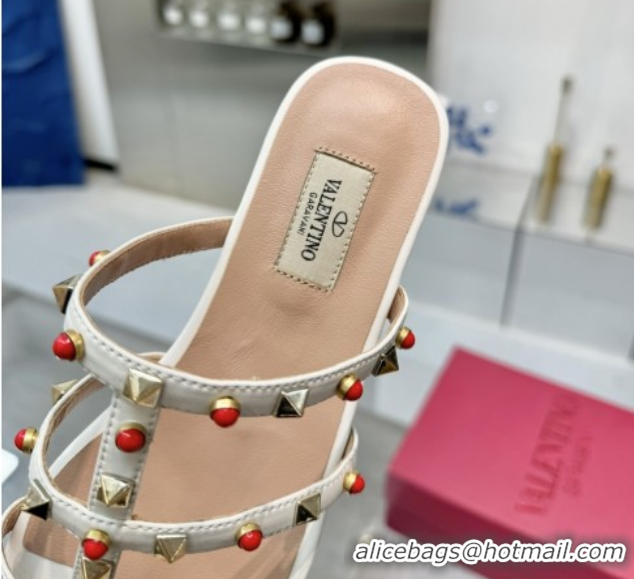 Unique Style Valentino Rockstud Flat Slides Sandal in Calfskin with Stones Ivory White 2025 VLTN042803