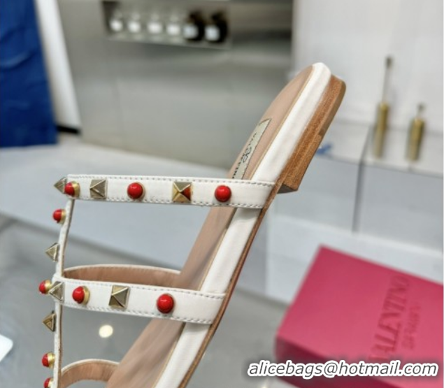 Unique Style Valentino Rockstud Flat Slides Sandal in Calfskin with Stones Ivory White 2025 VLTN042803