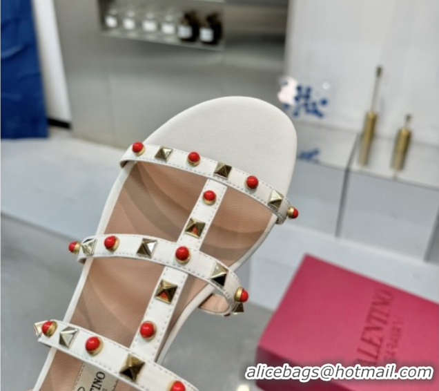 Unique Style Valentino Rockstud Flat Slides Sandal in Calfskin with Stones Ivory White 2025 VLTN042803
