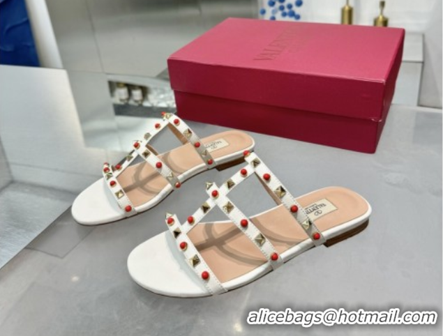 Unique Style Valentino Rockstud Flat Slides Sandal in Calfskin with Stones Ivory White 2025 VLTN042803