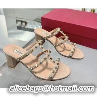 Luxury Discount Valentino Rockstud Heel Slides Sandal 6.5cm in Calfskin with Stones Beige 2025 VLTN042803