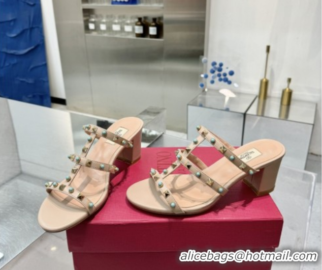 Luxury Discount Valentino Rockstud Heel Slides Sandal 6.5cm in Calfskin with Stones Beige 2025 VLTN042803