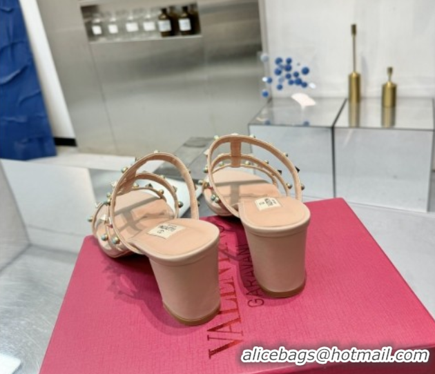 Luxury Discount Valentino Rockstud Heel Slides Sandal 6.5cm in Calfskin with Stones Beige 2025 VLTN042803