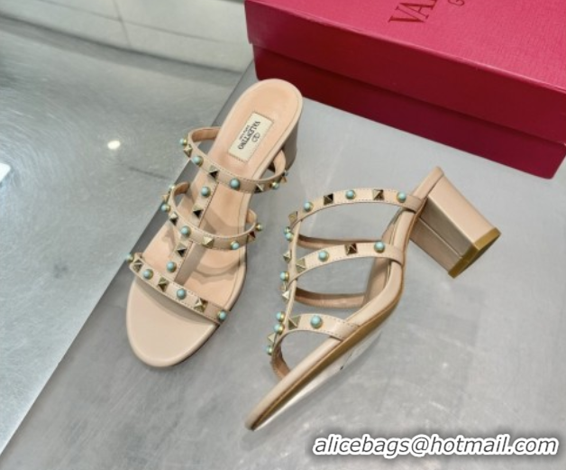 Luxury Discount Valentino Rockstud Heel Slides Sandal 6.5cm in Calfskin with Stones Beige 2025 VLTN042803