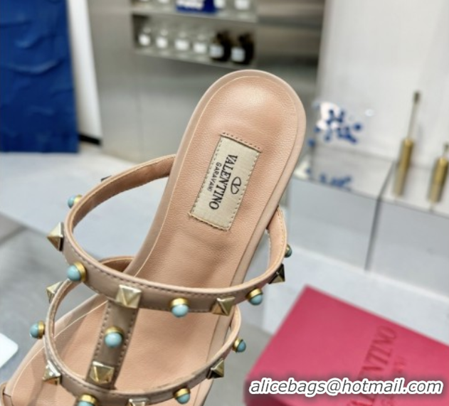 Luxury Discount Valentino Rockstud Heel Slides Sandal 6.5cm in Calfskin with Stones Beige 2025 VLTN042803