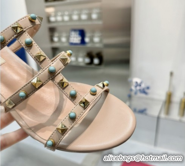 Luxury Discount Valentino Rockstud Heel Slides Sandal 6.5cm in Calfskin with Stones Beige 2025 VLTN042803