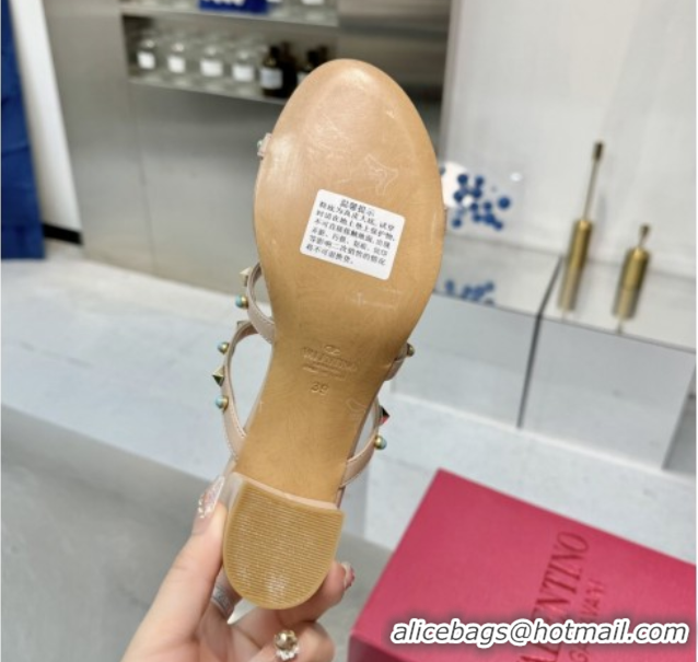 Luxury Discount Valentino Rockstud Heel Slides Sandal 6.5cm in Calfskin with Stones Beige 2025 VLTN042803
