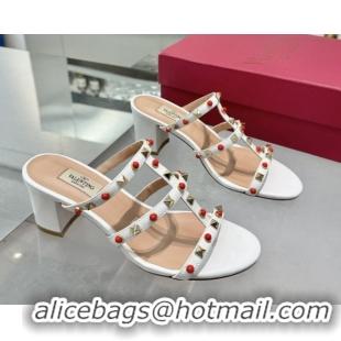 Luxurious Valentino Rockstud Heel Slides Sandal 6.5cm in Calfskin with Stones Optic White 2025 VLTN042803
