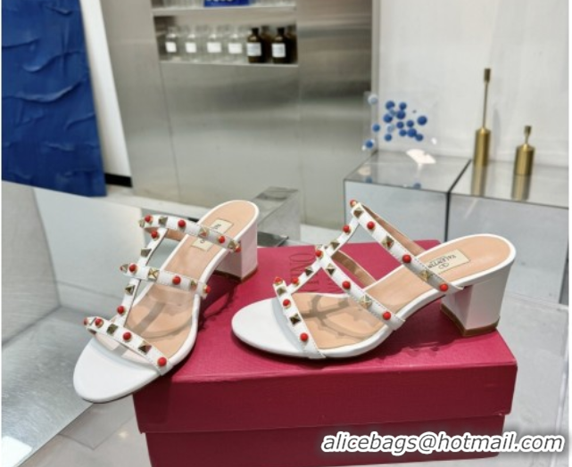 Luxurious Valentino Rockstud Heel Slides Sandal 6.5cm in Calfskin with Stones Optic White 2025 VLTN042803
