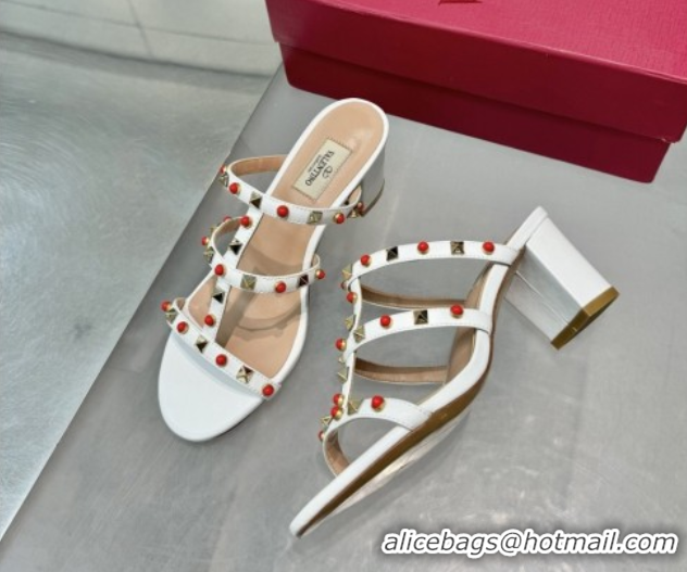 Luxurious Valentino Rockstud Heel Slides Sandal 6.5cm in Calfskin with Stones Optic White 2025 VLTN042803