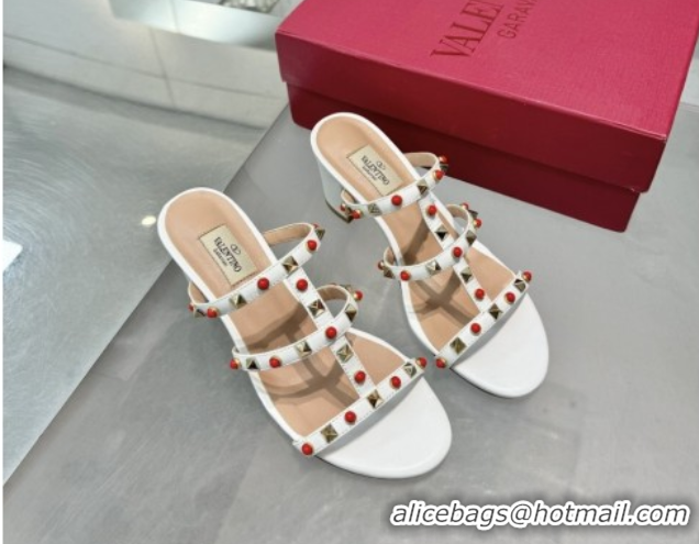 Luxurious Valentino Rockstud Heel Slides Sandal 6.5cm in Calfskin with Stones Optic White 2025 VLTN042803