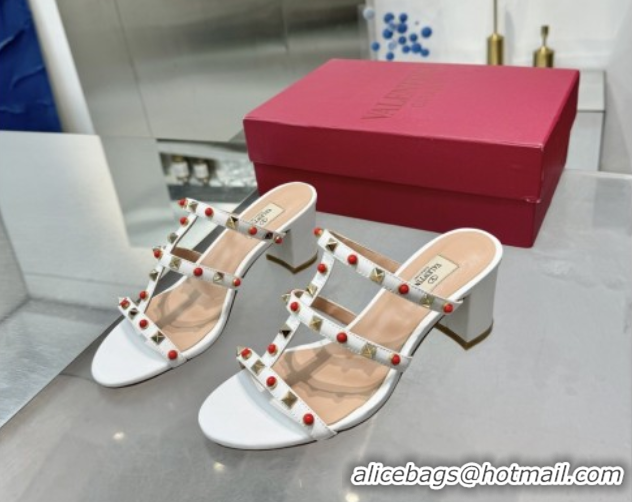 Luxurious Valentino Rockstud Heel Slides Sandal 6.5cm in Calfskin with Stones Optic White 2025 VLTN042803