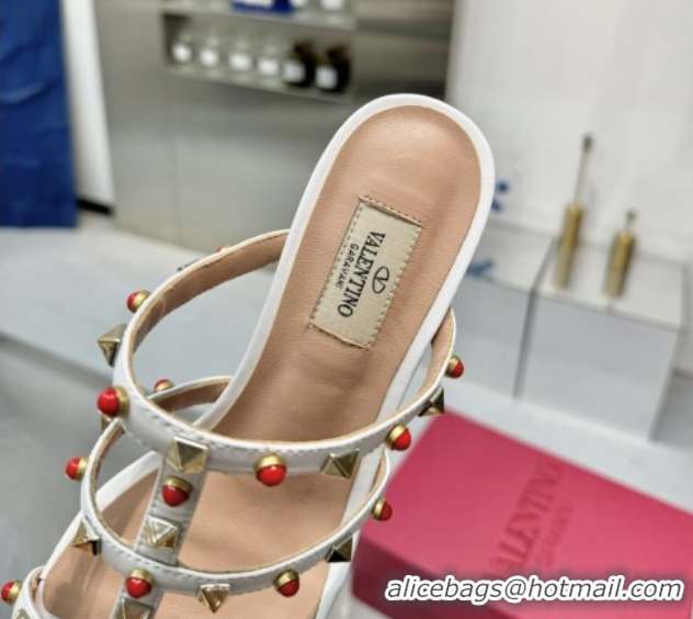 Luxurious Valentino Rockstud Heel Slides Sandal 6.5cm in Calfskin with Stones Optic White 2025 VLTN042803
