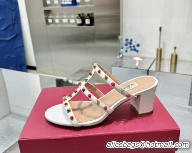 Luxurious Valentino Rockstud Heel Slides Sandal 6.5cm in Calfskin with Stones Optic White 2025 VLTN042803