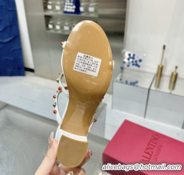 Luxurious Valentino Rockstud Heel Slides Sandal 6.5cm in Calfskin with Stones Optic White 2025 VLTN042803