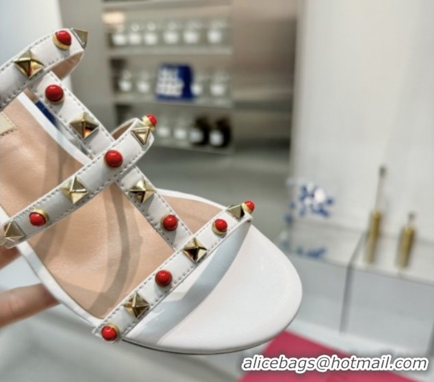 Luxurious Valentino Rockstud Heel Slides Sandal 6.5cm in Calfskin with Stones Optic White 2025 VLTN042803