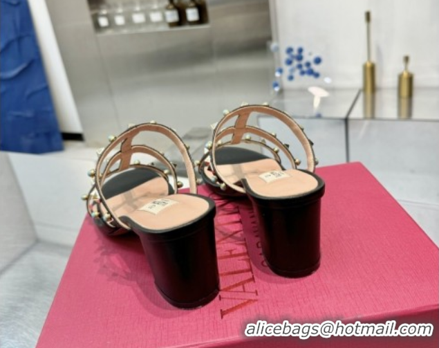 Sophisticated Valentino Rockstud Heel Slides Sandal 6.5cm in Calfskin with Stones Black 2025 VLTN042803
