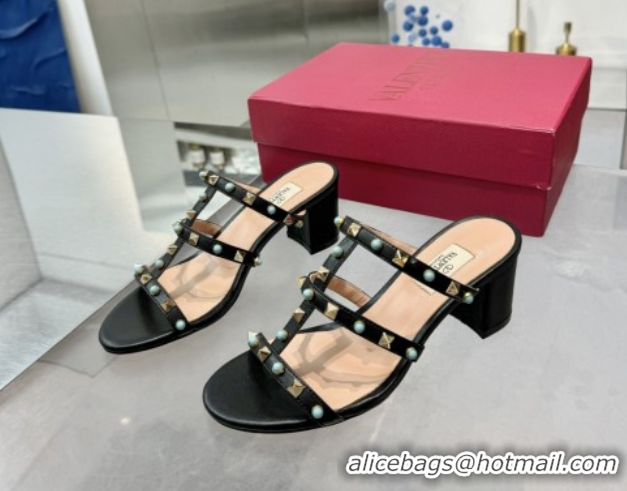 Sophisticated Valentino Rockstud Heel Slides Sandal 6.5cm in Calfskin with Stones Black 2025 VLTN042803