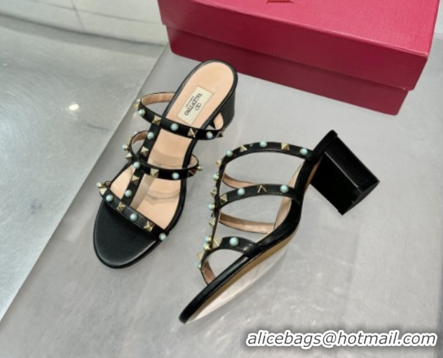 Sophisticated Valentino Rockstud Heel Slides Sandal 6.5cm in Calfskin with Stones Black 2025 VLTN042803