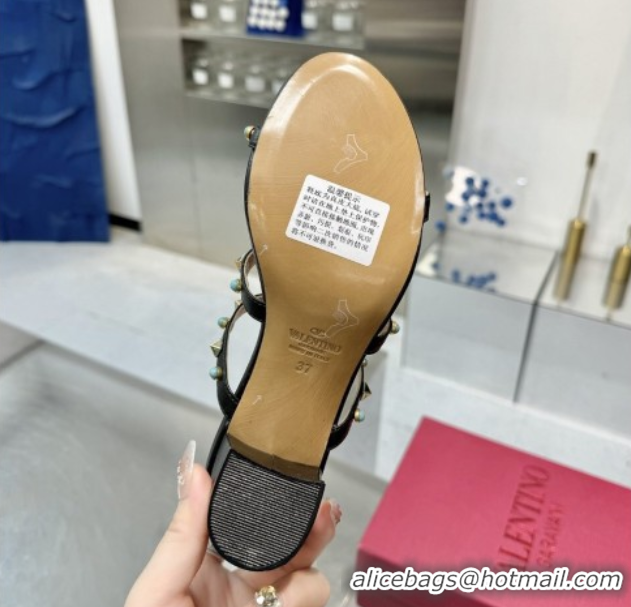 Sophisticated Valentino Rockstud Heel Slides Sandal 6.5cm in Calfskin with Stones Black 2025 VLTN042803