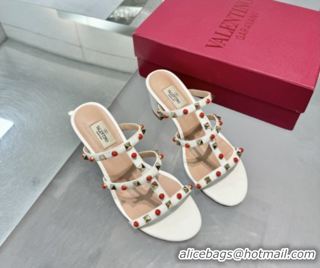Top Design Valentino Rockstud Heel Slides Sandal 6.5cm in Calfskin with Stones Ivory White 2025 VLTN042803