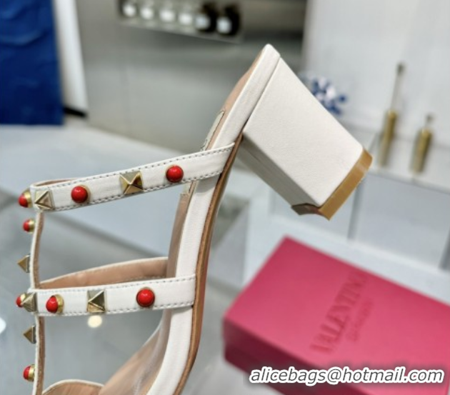 Top Design Valentino Rockstud Heel Slides Sandal 6.5cm in Calfskin with Stones Ivory White 2025 VLTN042803