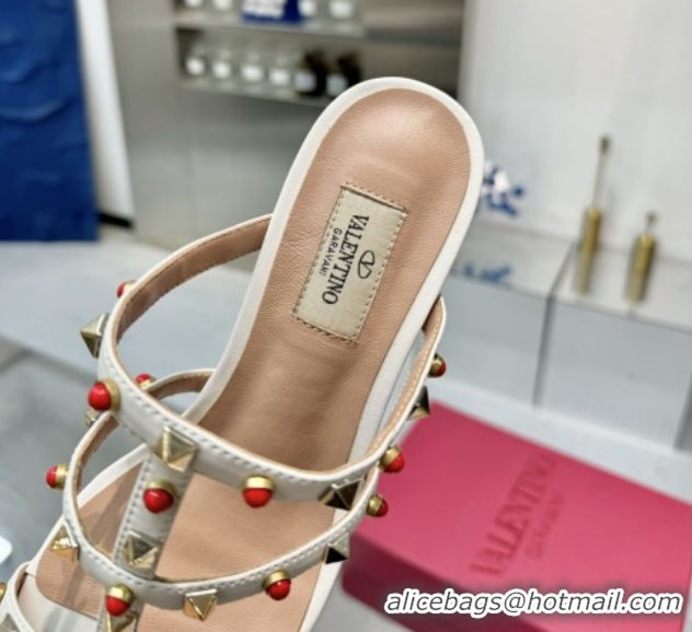 Top Design Valentino Rockstud Heel Slides Sandal 6.5cm in Calfskin with Stones Ivory White 2025 VLTN042803