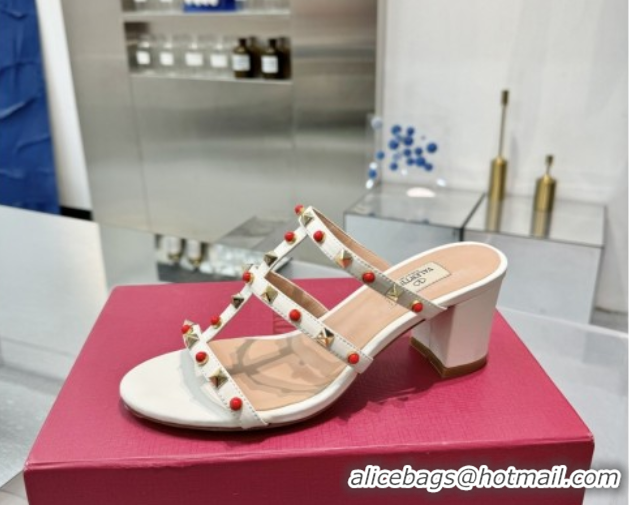 Top Design Valentino Rockstud Heel Slides Sandal 6.5cm in Calfskin with Stones Ivory White 2025 VLTN042803