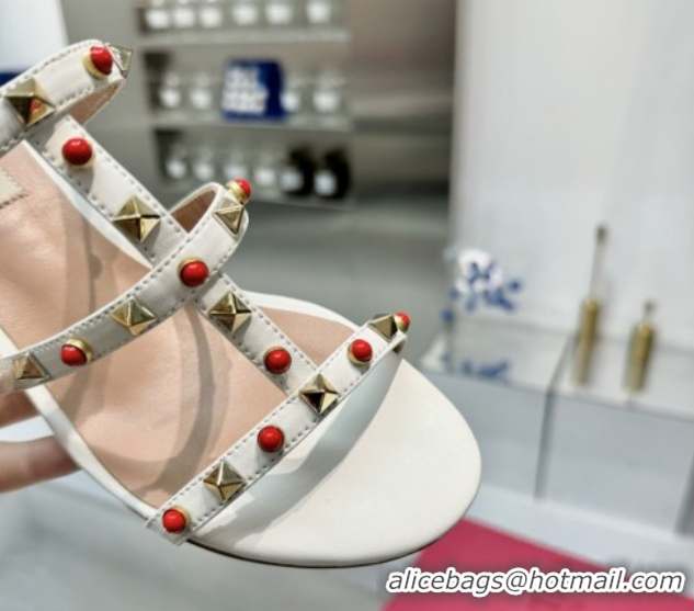Top Design Valentino Rockstud Heel Slides Sandal 6.5cm in Calfskin with Stones Ivory White 2025 VLTN042803