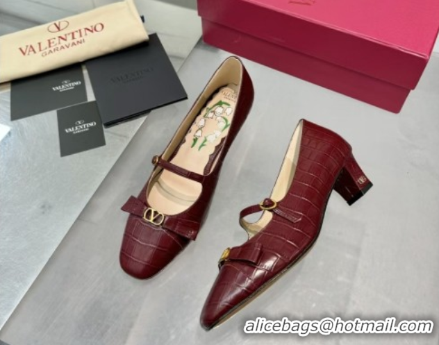 Duplicate Valentino Bowow Décolleté Pumps 5cm in Crocodile-Effect Printed Calfskin Dark Burgundy 0428064